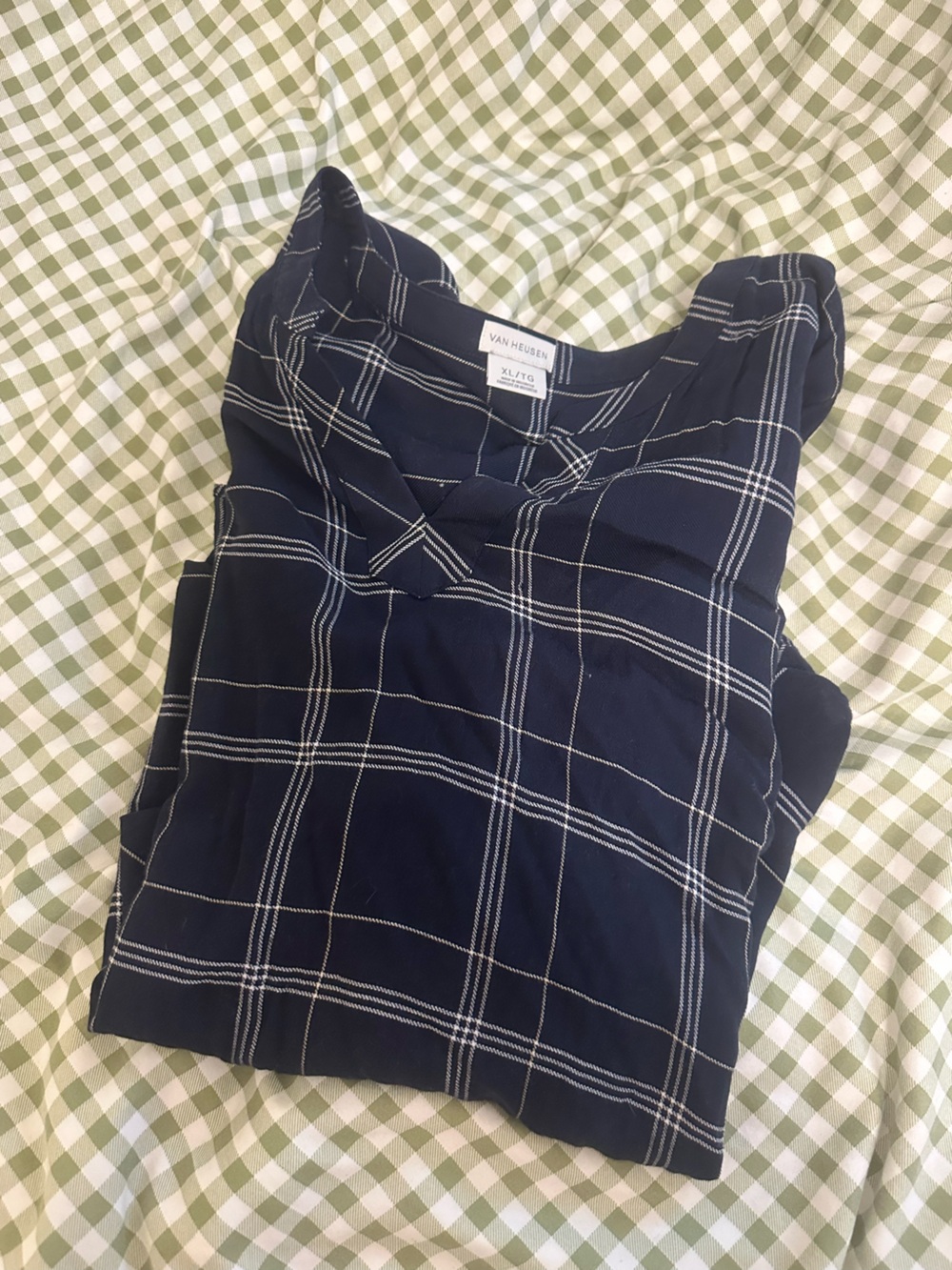VanHeusen Navy Plaid V-Neck Blouse